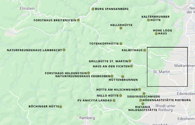 Geografische Karte von Waldhütten zwischen Neustadt und Edenkoben